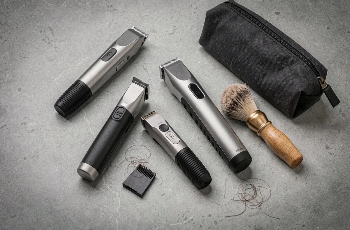 Flat-lay de plusieurs tondeuses barbe et cheveux professionnelles pour peau sensible posées sur une surface en pierre grise