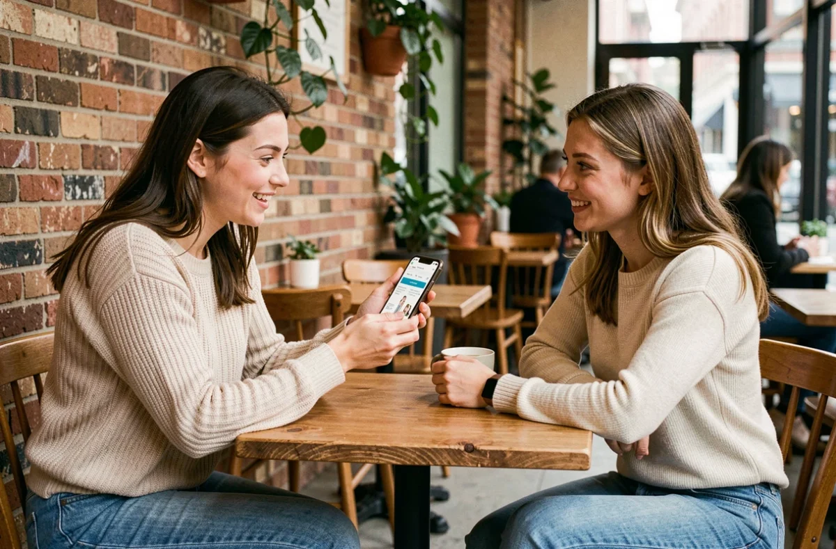 Deux femmes discutant de la vente au personnel L'Oréal autour d'un café en consultant une offre beauté sur téléphone