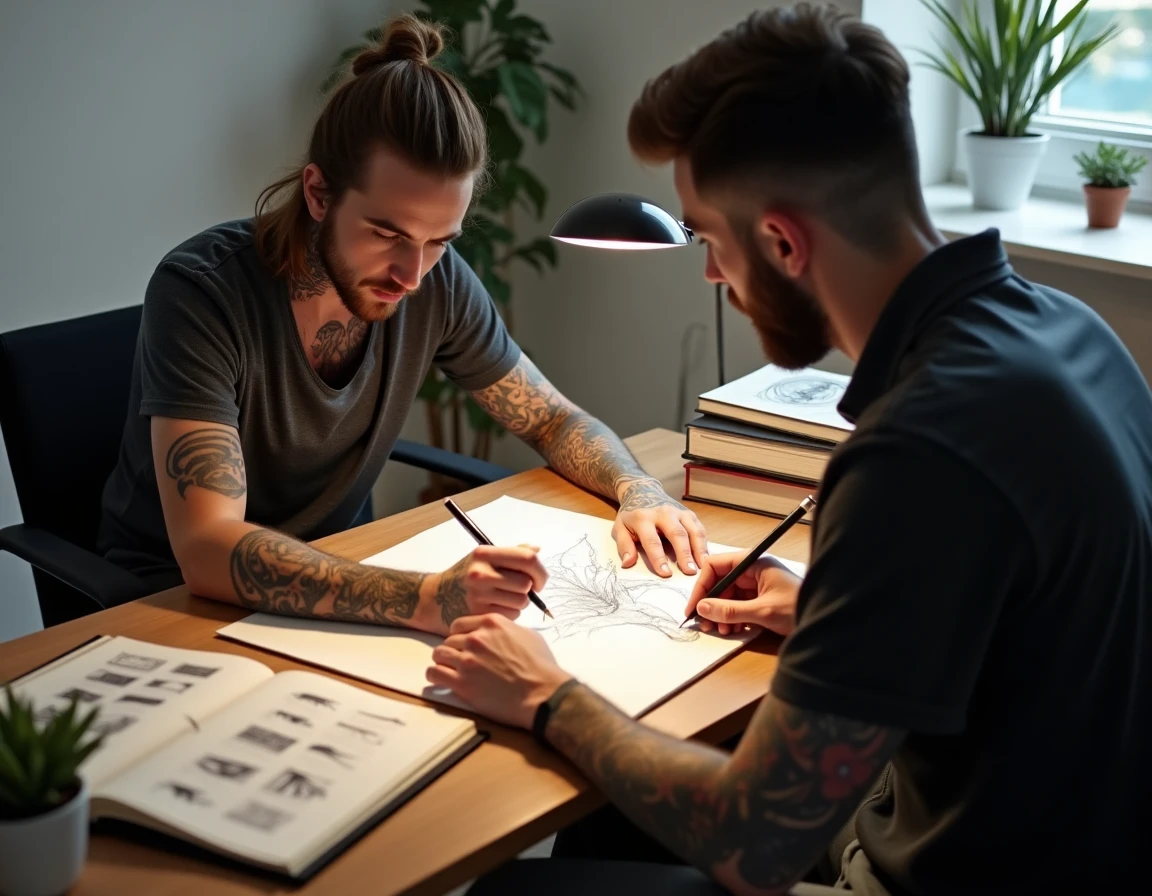 Tatoueur expérimenté en consultation avec un client dans un studio de tatouage à Toulouse, examinant un dessin de tatouage fine line sur un bureau en bois