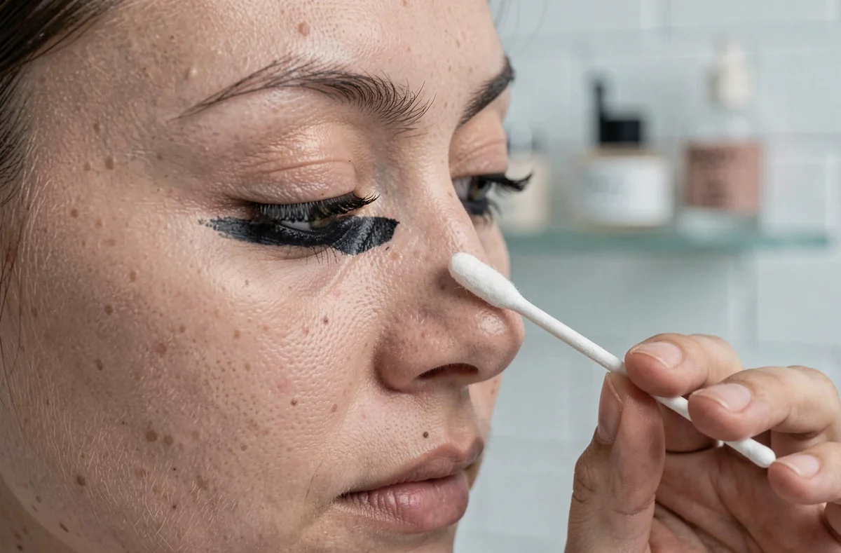Gros plan sur l'œil d'une femme corrigeant une erreur de tracé de khôl baveux avec un coton-tige dans une salle de bain épurée