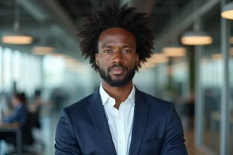 Homme aux cheveux frisés afro bien définis portant un costume bleu marine dans un bureau moderne, coupe professionnelle et soignée