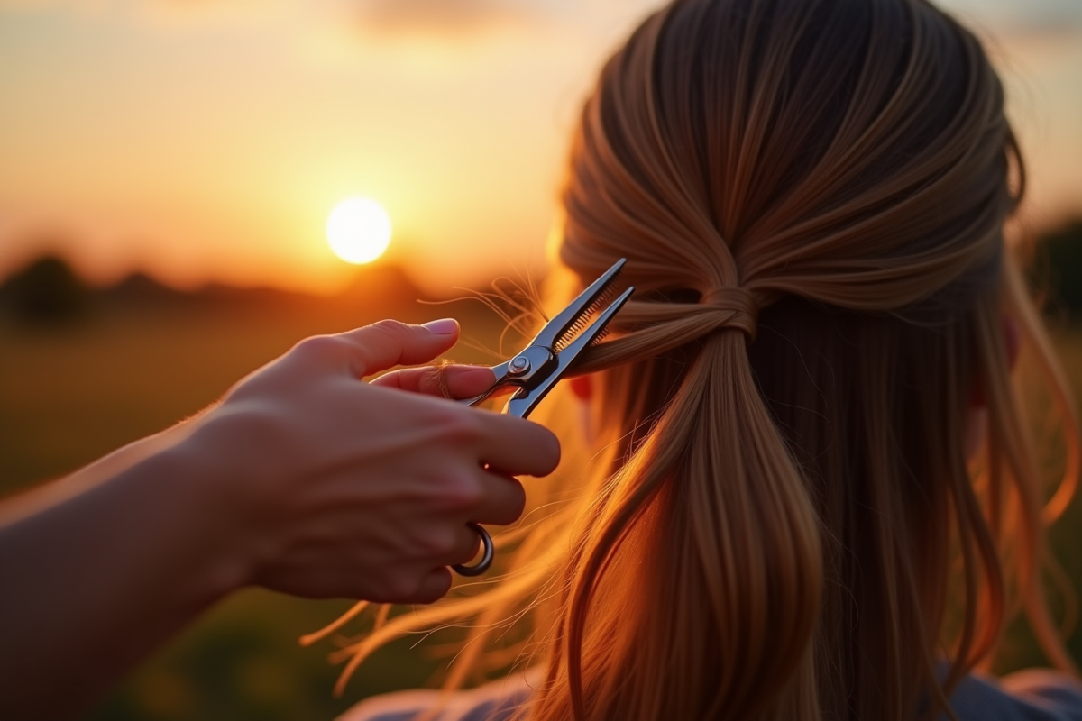 Mains coupant les cheveux au lever du soleil avec lune croissante dans le ciel
