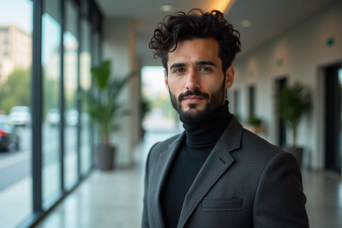 Homme aux cheveux frisés courts et bien coiffés en blazer anthracite dans un hall d'immeuble professionnel, style business casual élégant