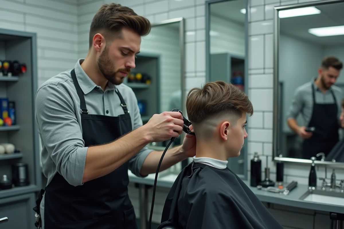 Coiffeur professionnel réalisant une coupe dégradée adaptée à un visage rond dans un salon de coiffure contemporain