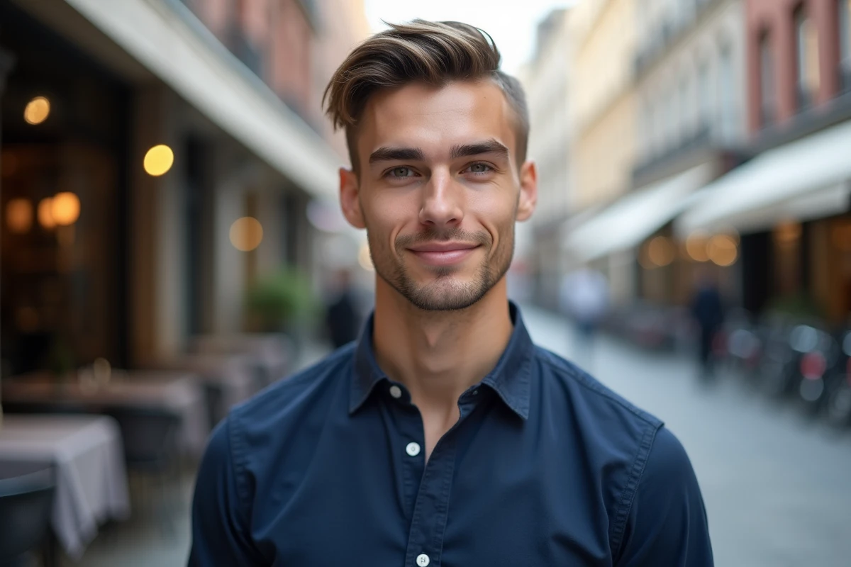 Jeune homme au visage carré avec une coupe undercut effilée mise en valeur en extérieur dans un cadre urbain