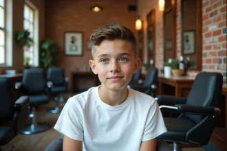 Jeune homme avec un visage rond arborant une coupe garçon texturée courte sur les côtés dans un salon de coiffure moderne