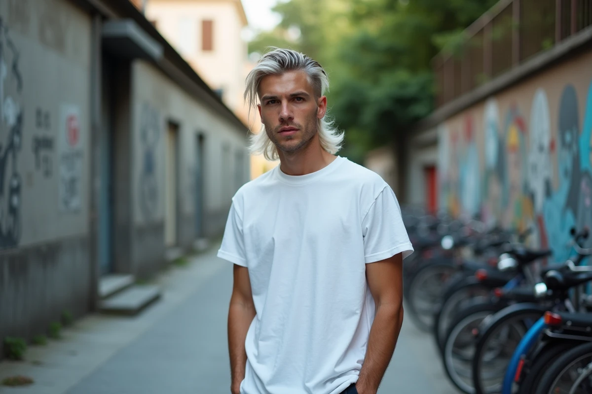 Jeune homme avec une coupe mulet texturée blonde et dégradé en rue urbaine, style contemporain
