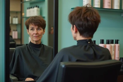 Femme au salon de coiffure avec une coupe shaggy courte ratée aux couches trop lourdes, regardant son reflet avec insatisfaction