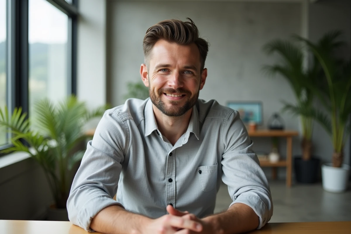 Homme en chemise grise avec une coupe de cheveux mi-long taper classique, assis dans un espace de travail moderne minimaliste
