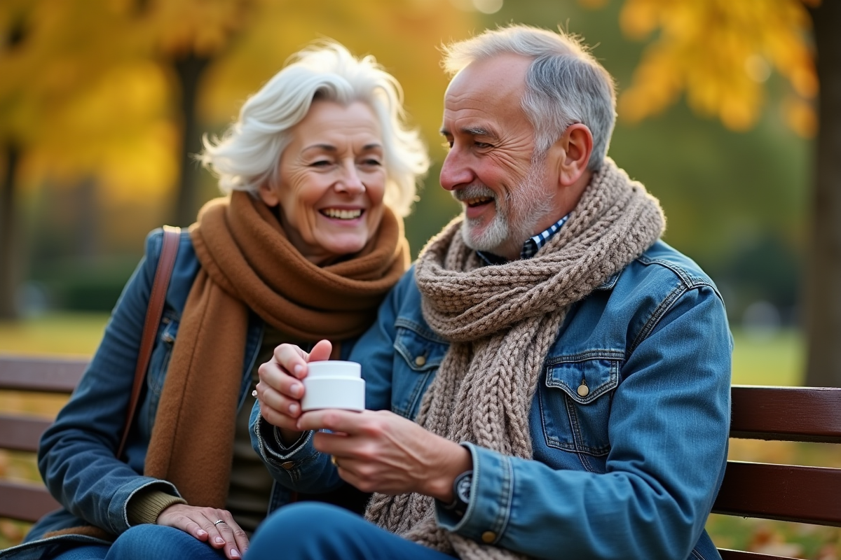 Couple mature partageant crème anti rides en plein air