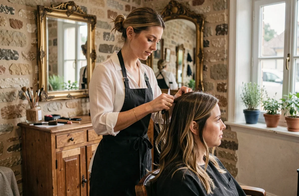 Coiffeuse coupant les cheveux d'une cliente dans le salon De mèche avec Sandy à Lisieux