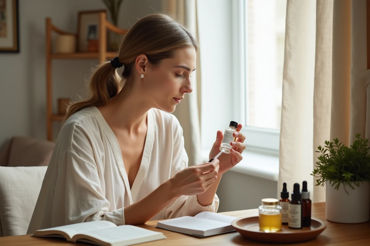 Femme lisant les ingrédients actifs d'une essence cosmétique à sa coiffeuse en bois style scandinave