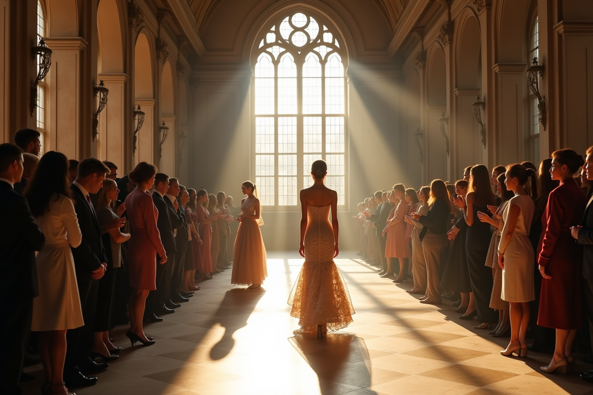Défilé de haute couture dans un hall historique avec mannequins élégants