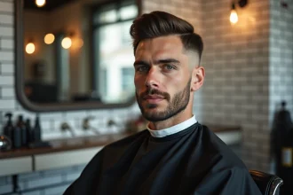 Homme en chaise de barbier avec une coupe dégradé raie sur le côté fraîchement réalisée dans un salon moderne