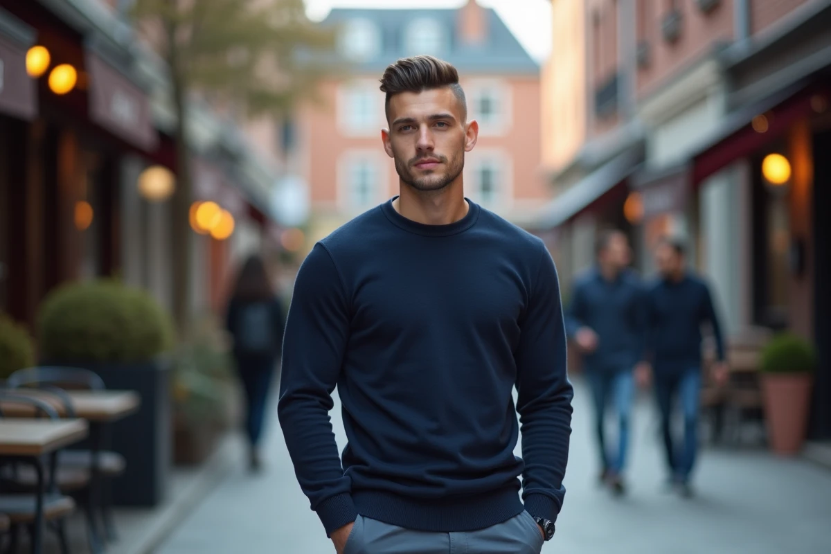 Homme élégant en ville arborant un dégradé avec raie sur le côté et coiffure nette