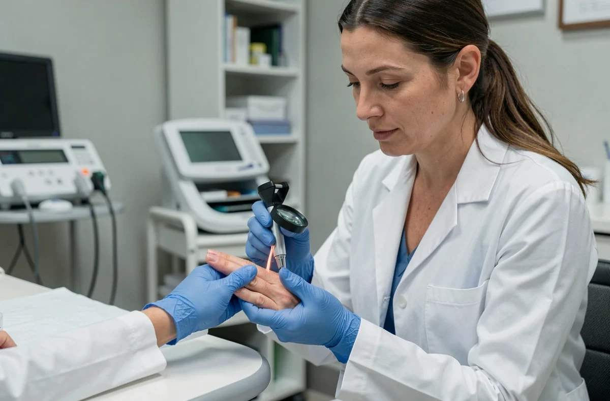 Dermatologue examinant un ongle infecté avec un dermatoscope lors d'une consultation médicale pour diagnostiquer une infiltration