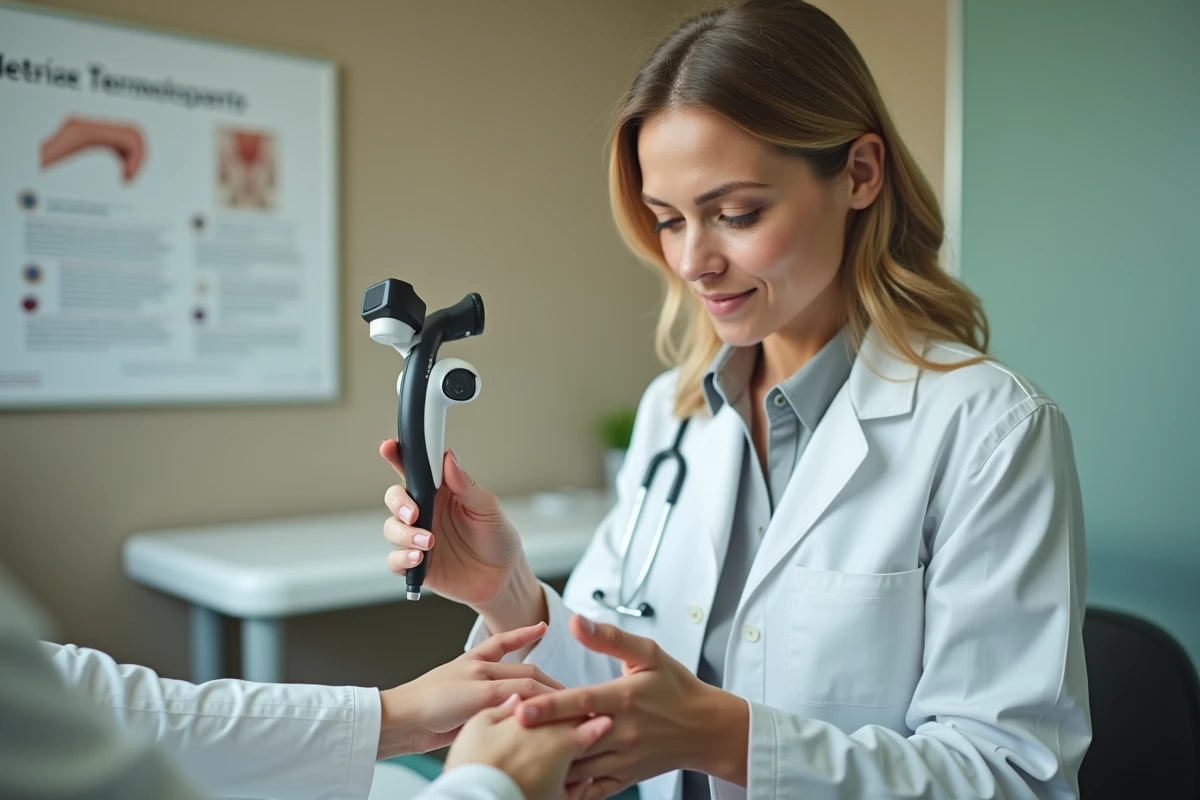 Dermatologue féminine en blouse blanche examinant un ongle de patient avec un dermatoscope dans un cabinet médical moderne