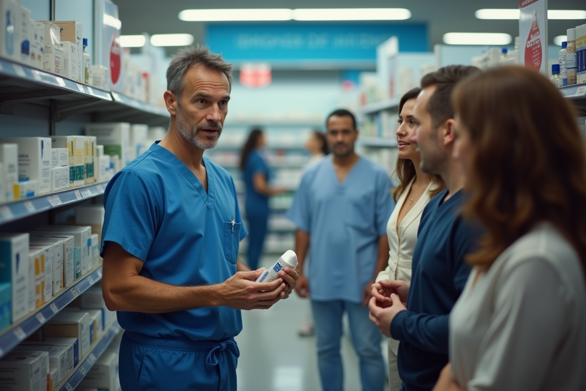 Dermatologue homme expliquant un produit de soin en pharmacie