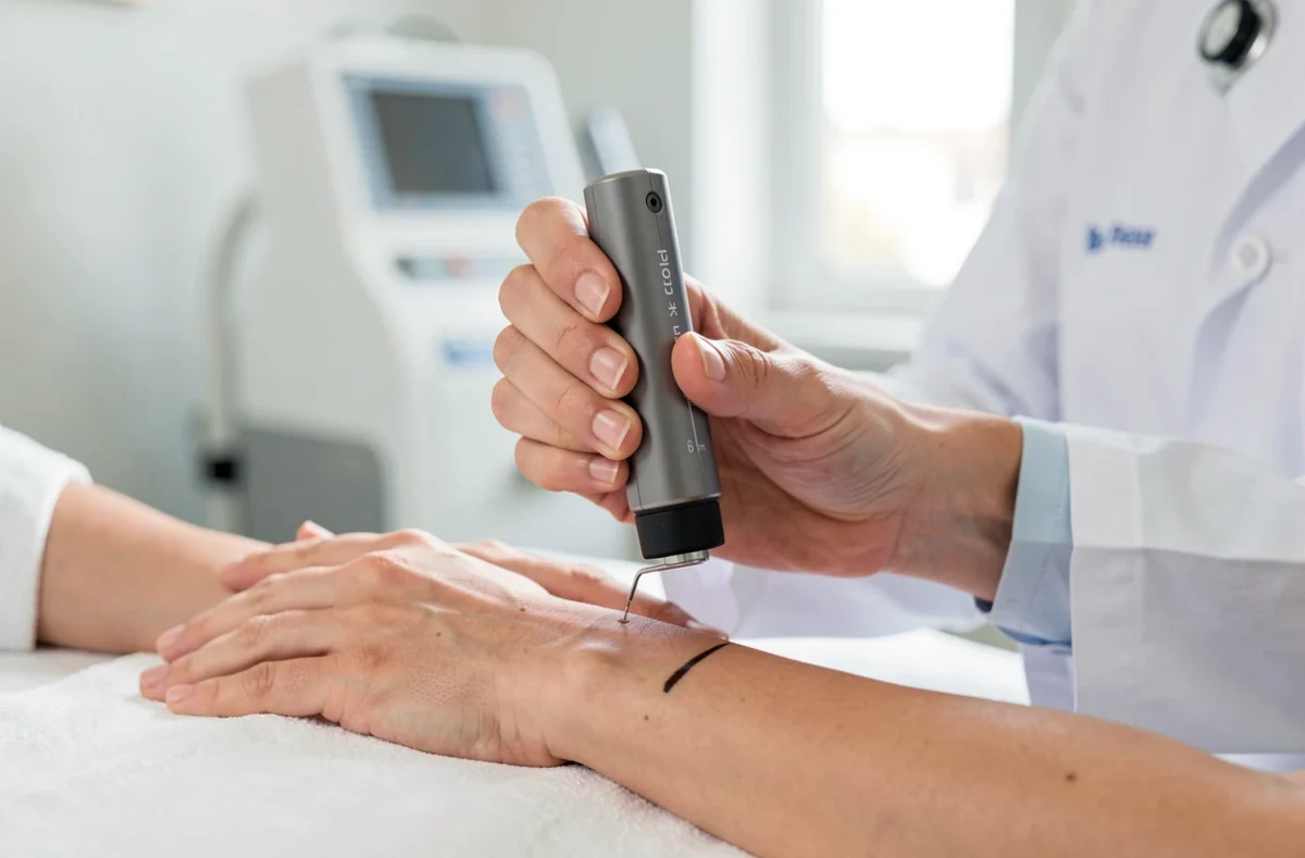 Dermatologue qui examine la peau d'un patient avec un dermoscope