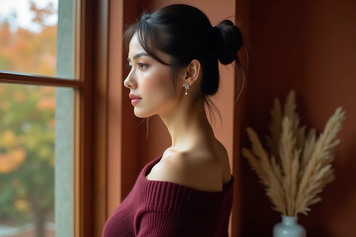 Femme arborant un ear stack avec piercing daith, snug et studs au lobe, style cosy en intérieur chaleureux