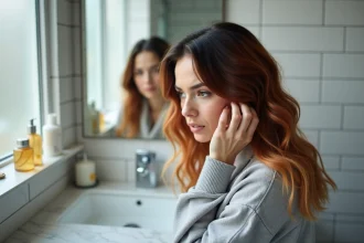 Femme examinant sa coloration capillaire abîmée avec un effet bétadine orange dans la salle de bain