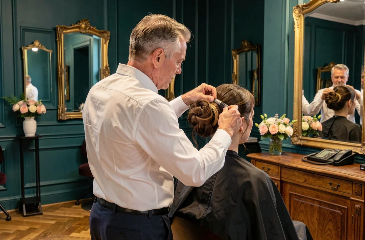 Emmanuel Touzé réalisant une coiffure élaborée pour une cliente dans son salon élégant de Caen