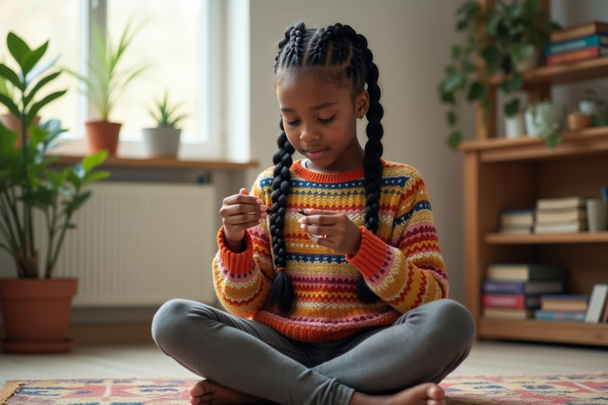 Adolescente faisant des tresses africaines sur un tapis
