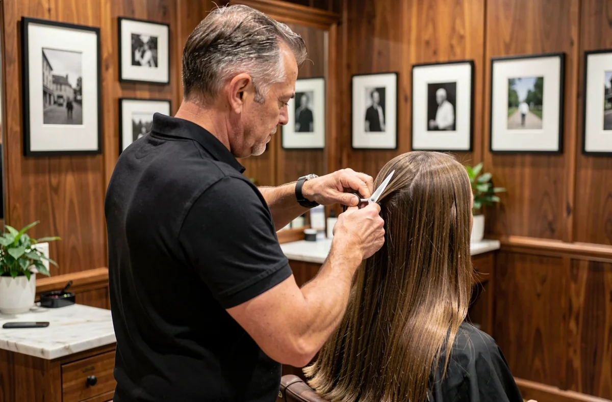 Eric Stipa coiffeur réalisant une coupe minutieuse pour une cliente dans son salon à Falaise