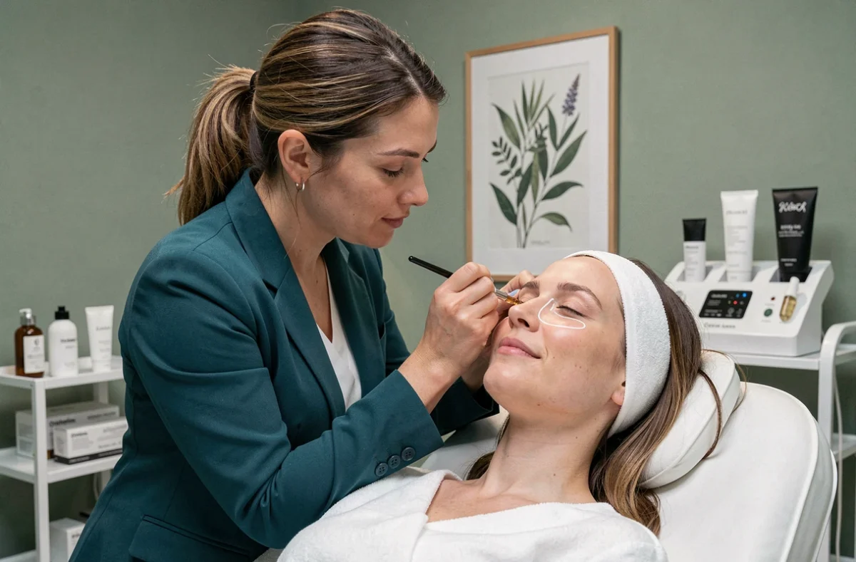 Esthéticienne appliquant un soin contour des yeux de précision sur une cliente chez Essensea Elle à Orléans