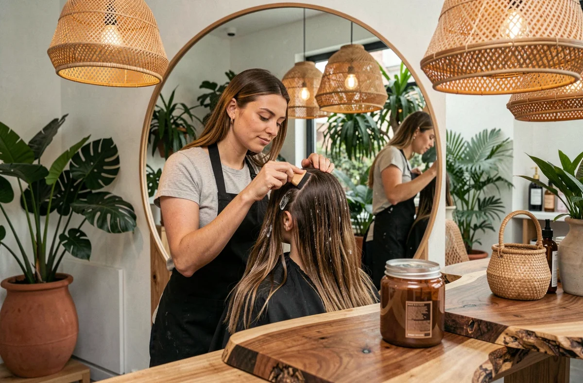 Styliste du salon Essensual à Mérignac appliquant un soin capillaire dans un espace au décor naturel et botanique