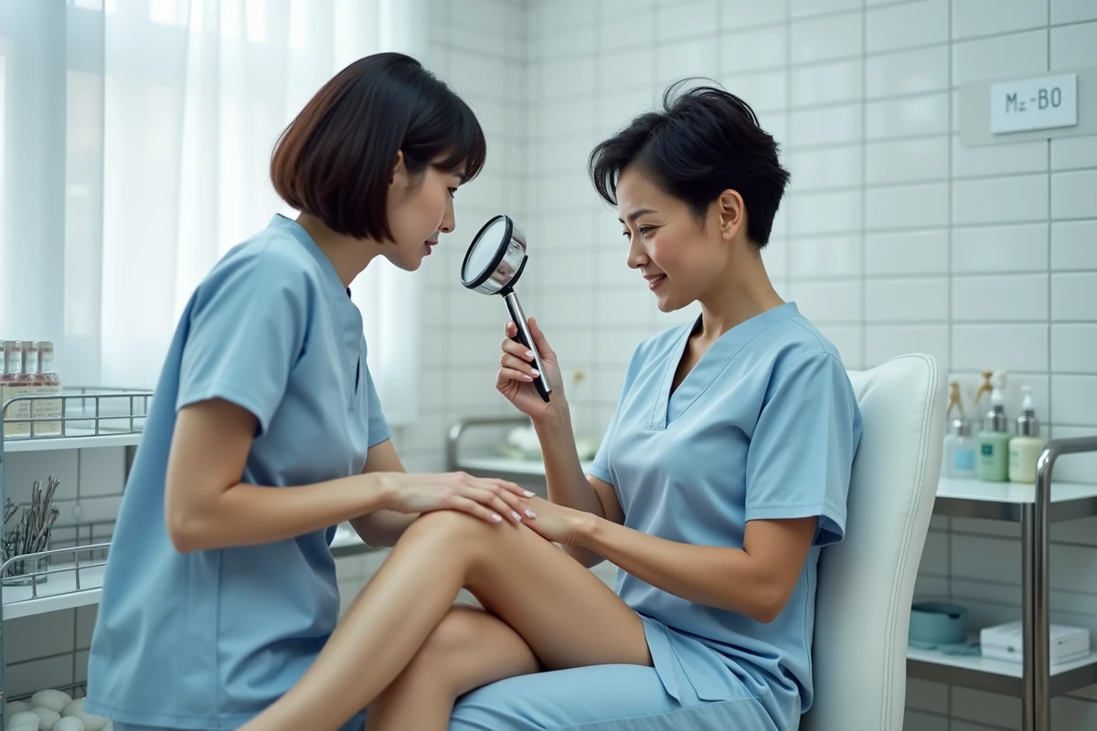 Esth&eacute;ticienne examinant la peau d'une cliente avant une s&eacute;ance d'&eacute;lectrolyse pour l'&eacute;pilation d&eacute;finitive