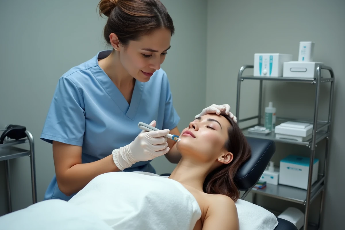 Esthéticienne réalisant un soin dermaroller sur une cliente allongée dans un cabinet de soins professionnel