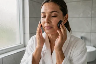 Femme appliquant du savon noir sur son visage dans une salle de bain minimaliste, rituel soin de la peau naturel