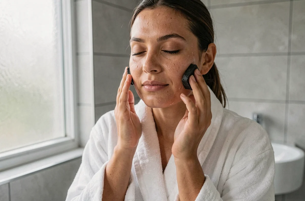 Femme appliquant du savon noir sur son visage dans une salle de bain minimaliste, rituel soin de la peau naturel