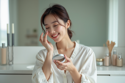 Jeune femme appliquant de la poudre sur le visage avec un sourire