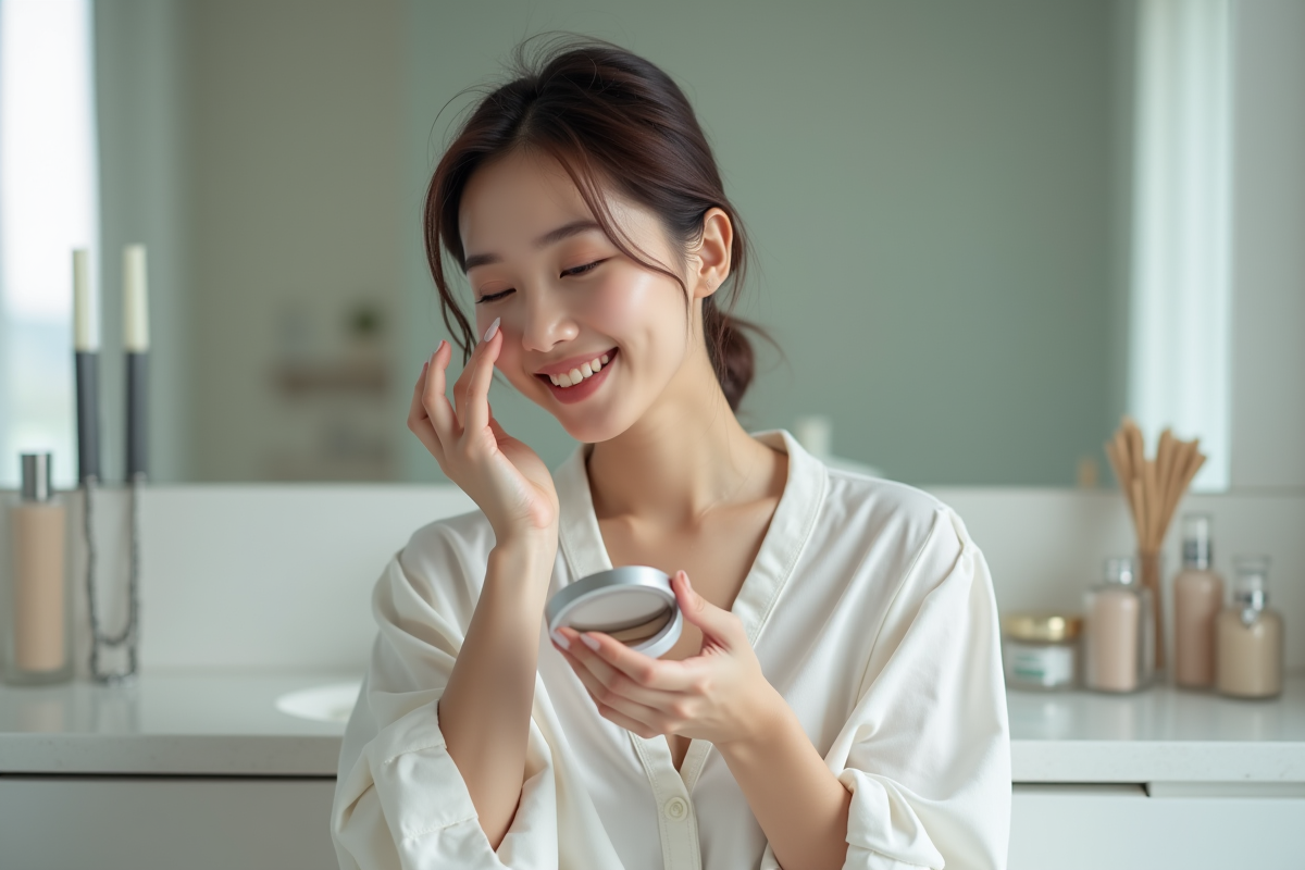 Jeune femme appliquant de la poudre sur le visage avec un sourire