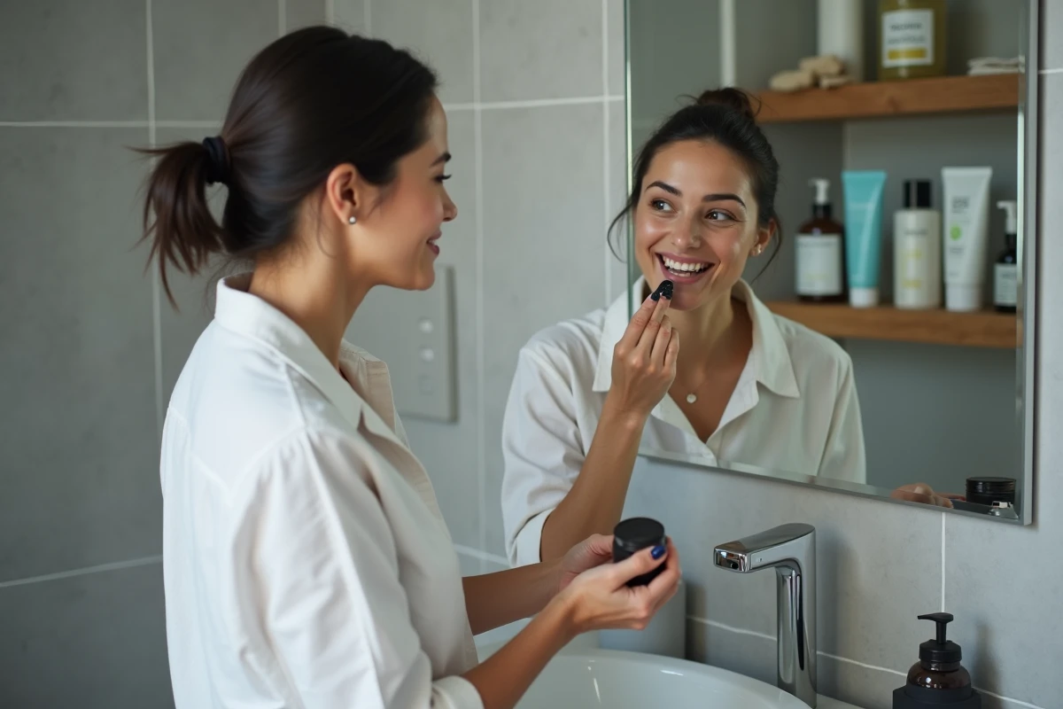 Femme examinant son sourire dans un miroir de salle de bain entourée de produits blanchissants pour les dents