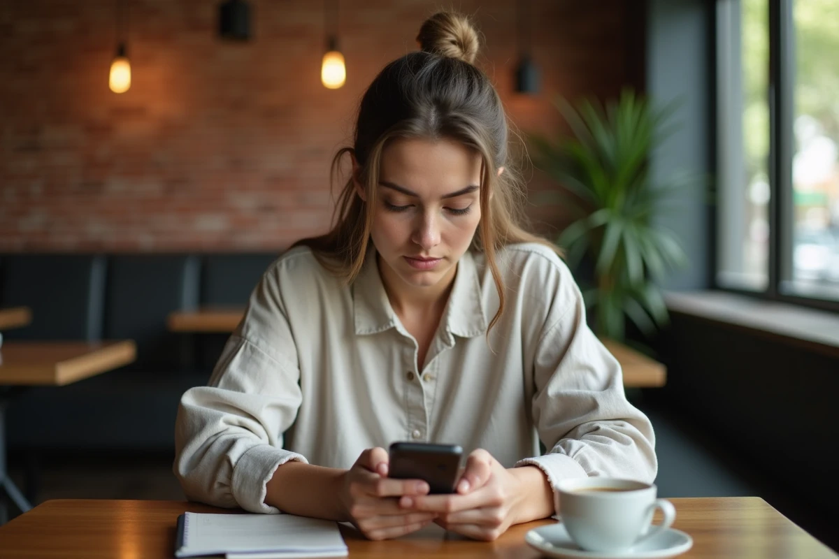 Jeune femme pensive seule dans un café consultant son téléphone, expression de lassitude, évoquant le poids des réseaux sociaux sur la perception de la beauté féminine