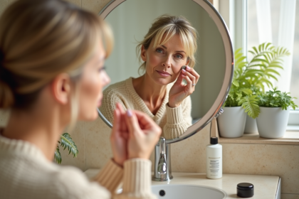 Femme appliquant du concealer dans son miroir lumineux