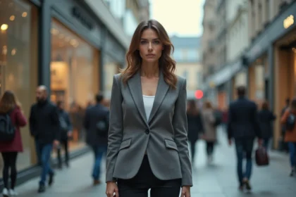 Femme élégante et confiante marchant dans une place urbaine animée, regards des passants, illustrant la dualité entre beauté reconnue et regard social