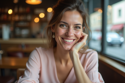 Portrait d'une femme dans un café avec sourire naturel