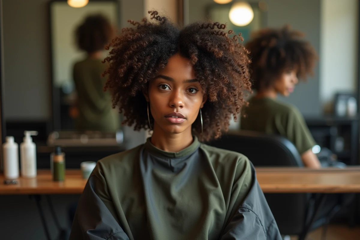 Jeune femme aux cheveux bouclés shaggy examinant sa coupe dans le miroir d'un salon de coiffure