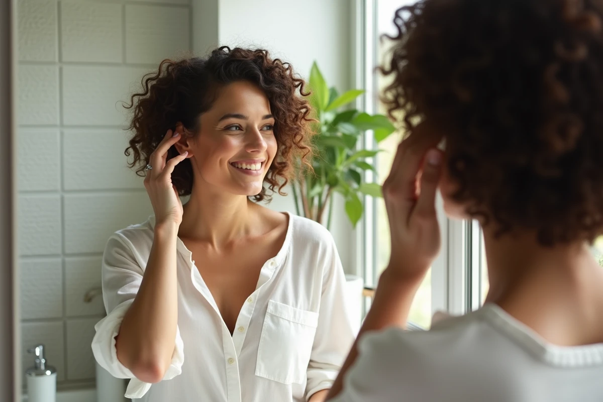 Femme aux cheveux bouclés dans un miroir de salle de bain