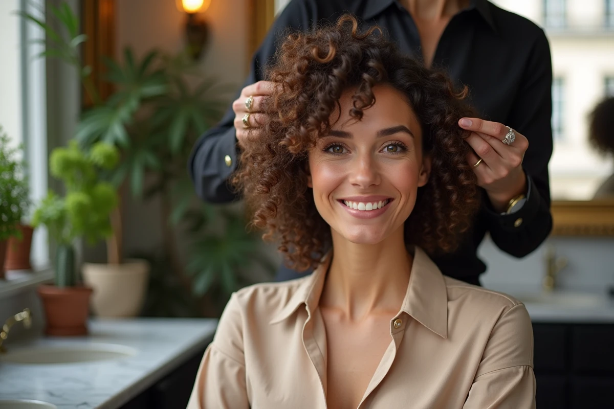 Femme aux cheveux bouclés dans un salon parisien élégant