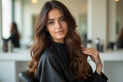 Femme aux cheveux longs avec une coupe dégradé effilé dans un salon de coiffure moderne
