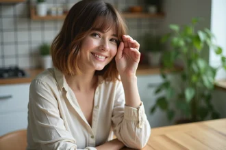 Femme souriante avec cheveux lisses dans une cuisine lumineuse
