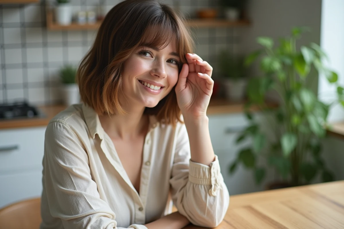 Femme souriante avec cheveux lisses dans une cuisine lumineuse