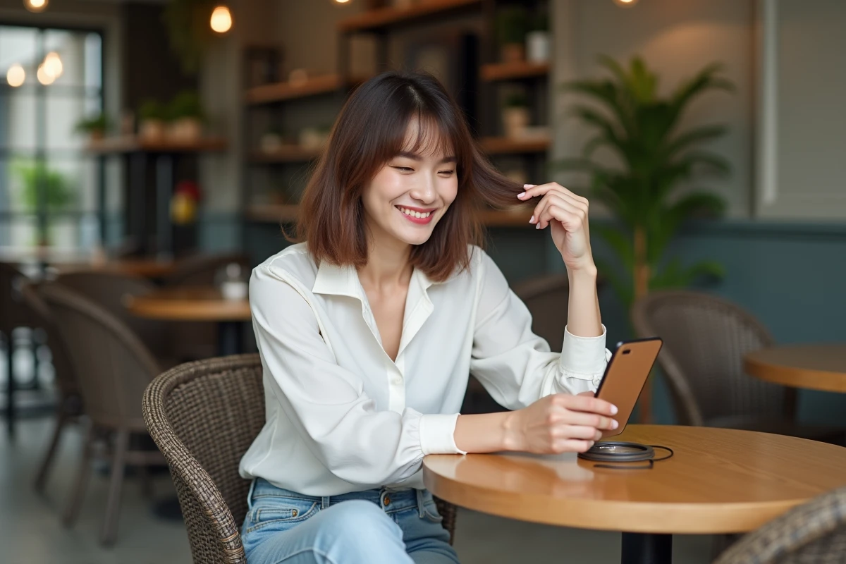 Femme souriante avec coiffure bob dans un café cosy