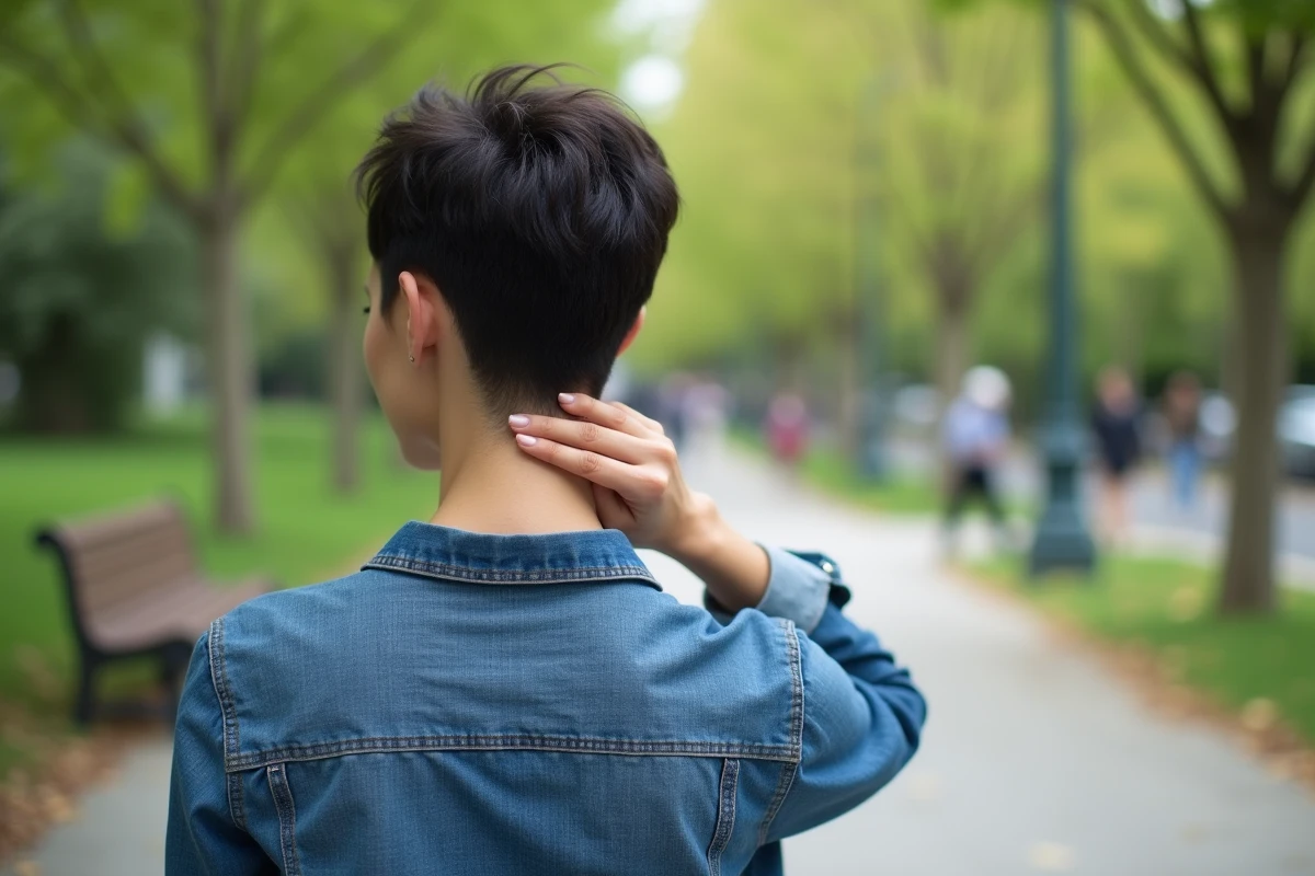 Femme avec fade en V &agrave; la nuque dans un parc urbain