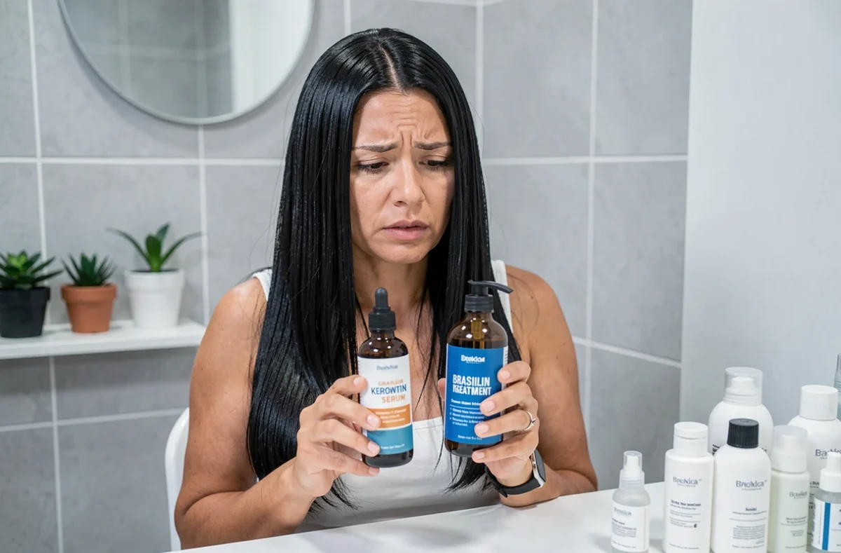 Femme examinant un sérum croissance cheveux et un produit de lissage brésilien chez elle, risques de compatibilité entre les soins capillaires